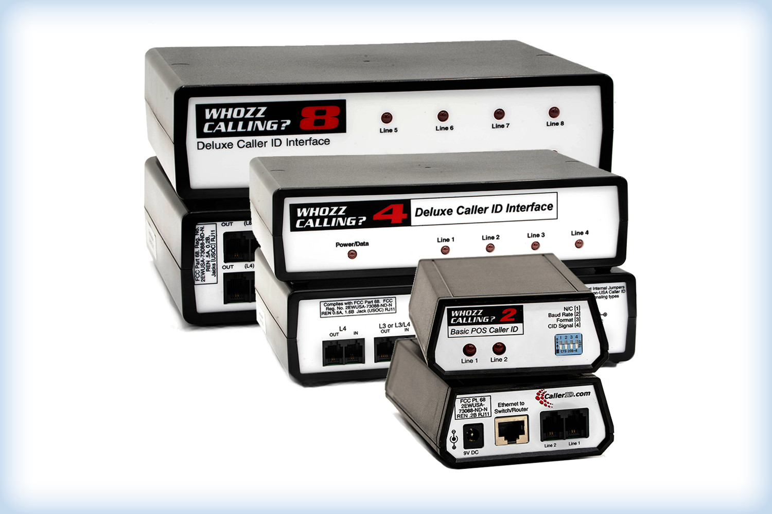 3 sets of products showing the front and back panel of each. The 2 line Basic POS, 4 and 8 line varients of the Deluxe series. Connections are RJ14 port for each phone line, power, and RJ45 ethernet. The 2 line model has a set of 4 swtiches for configuration
